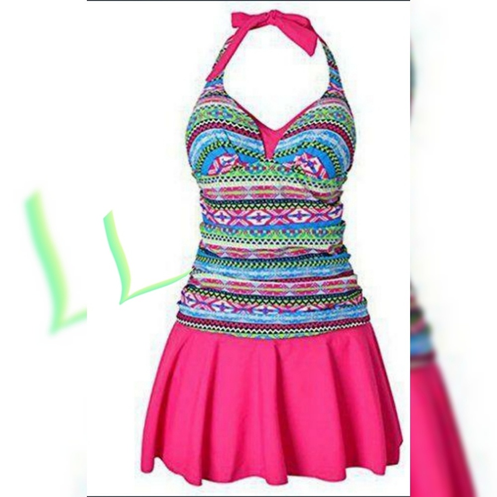 Pink multi colored 1 piece with skirt